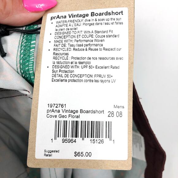 PRANA Men's Vintage Boardshort Size 28 Green Cove Geo Floral 8" Inseam Swim NWT - Picture 13 of 13